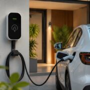 Electric car plugged into a wall-mounted charging station at a modern home driveway.