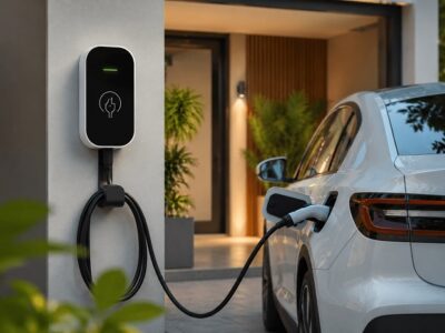 Electric car plugged into a wall-mounted charging station at a modern home driveway.