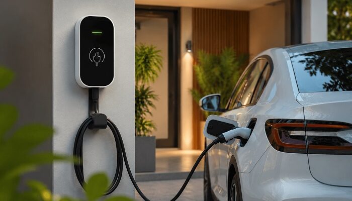 Electric car plugged into a wall-mounted charging station at a modern home driveway.