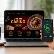Laptop shows an online casino homepage with a roulette wheel; a phone in a hand displays a green 'Protected' VPN screen.