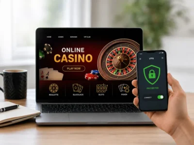 Laptop shows an online casino homepage with a roulette wheel; a phone in a hand displays a green 'Protected' VPN screen.