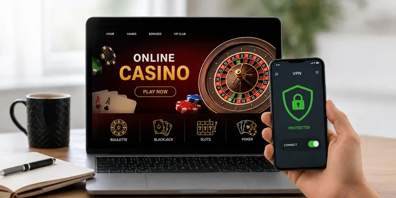 Laptop shows an online casino homepage with a roulette wheel; a phone in a hand displays a green 'Protected' VPN screen.